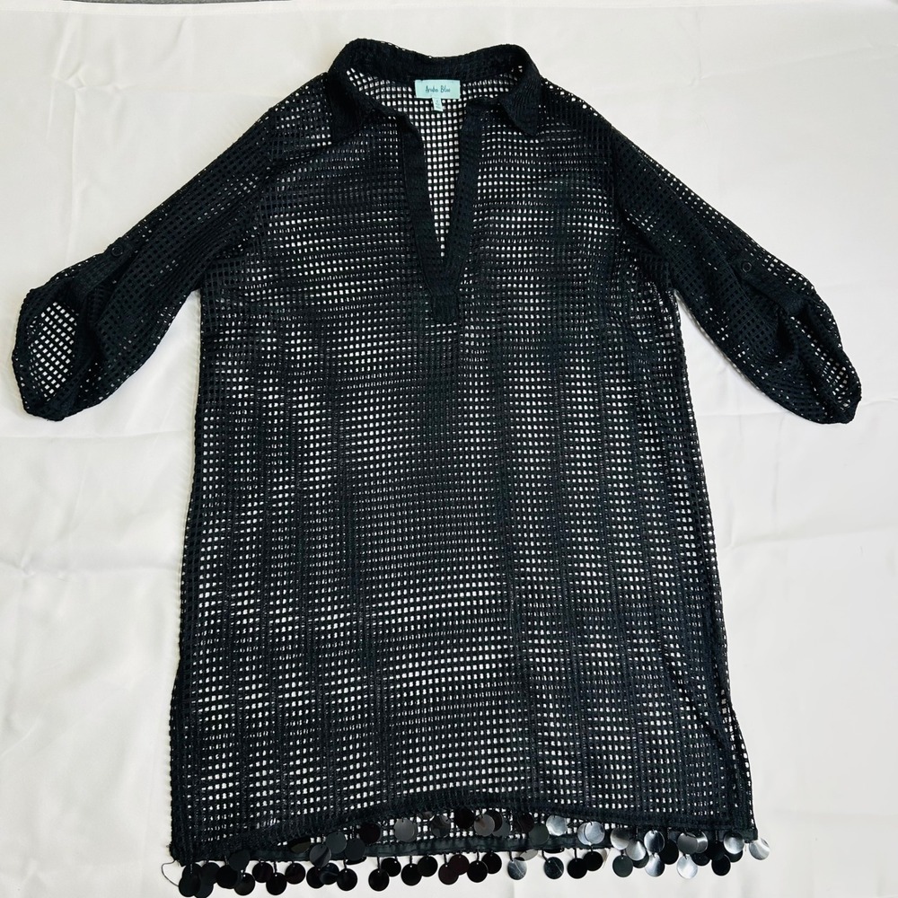 Aruba Blue Swim Cover Up Womens S Black Mesh Sequin Fringe Roll Tab Sleeve Tunic